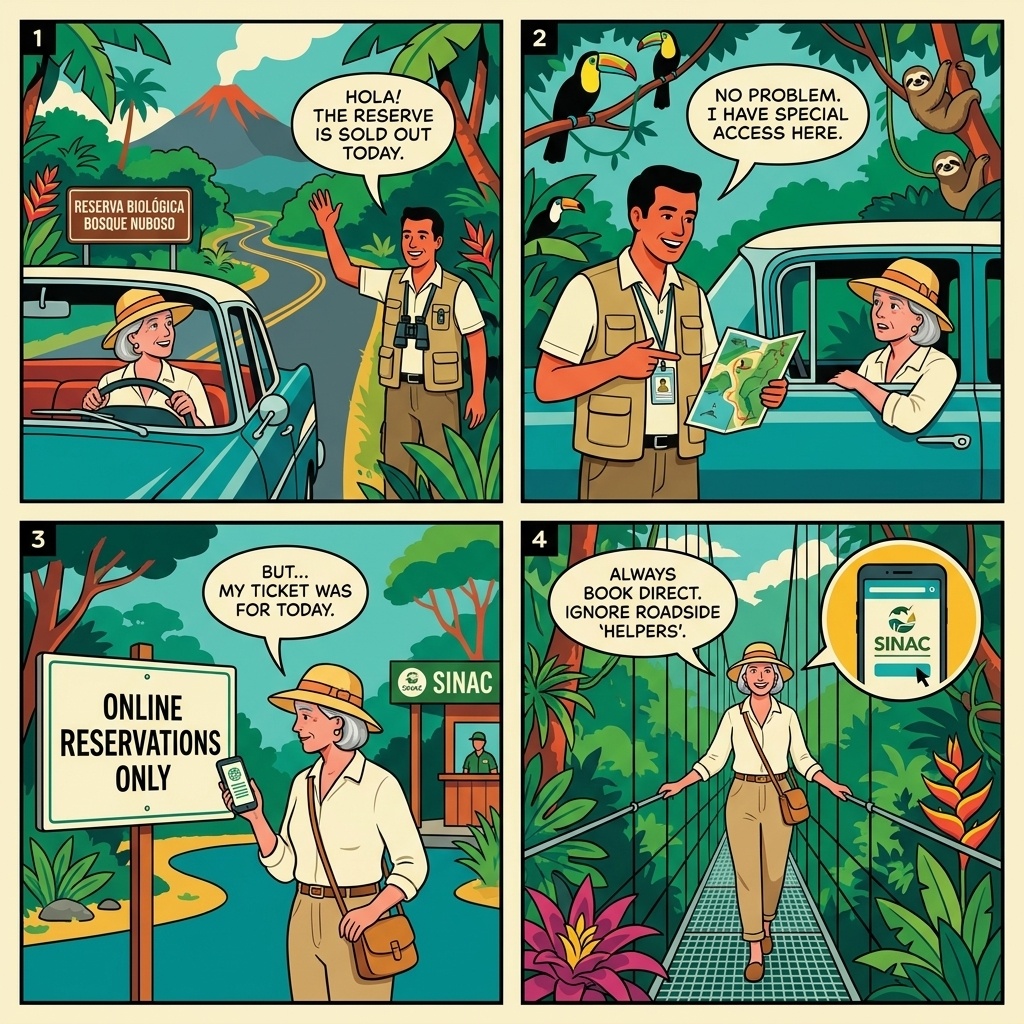 Fake/Unlicensed 'Certified Guide' Ambush at Monteverde Cloud Forest Reserve Gate — comic illustration