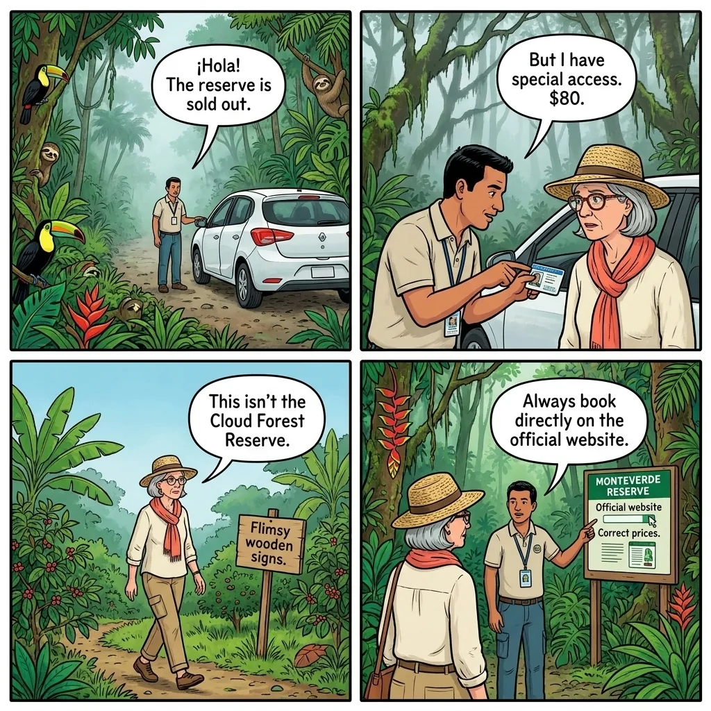 Fake 'Certified Guide' Ambush at the Reserve Gate — comic illustration