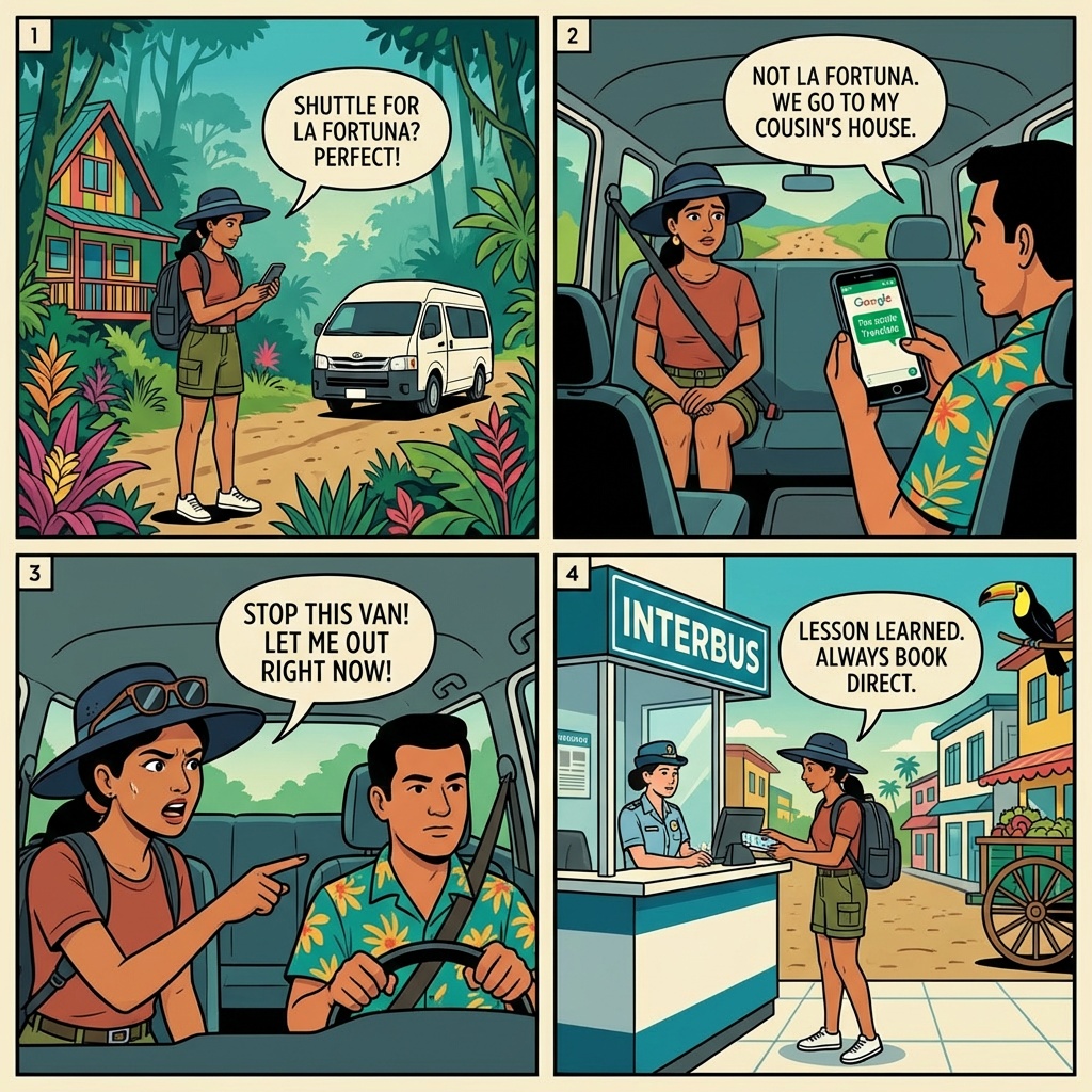 Monteverde Shuttle Bus & Bookaway Private-Transfer Wrong-Pickup / Kidnapping Scare — comic illustration