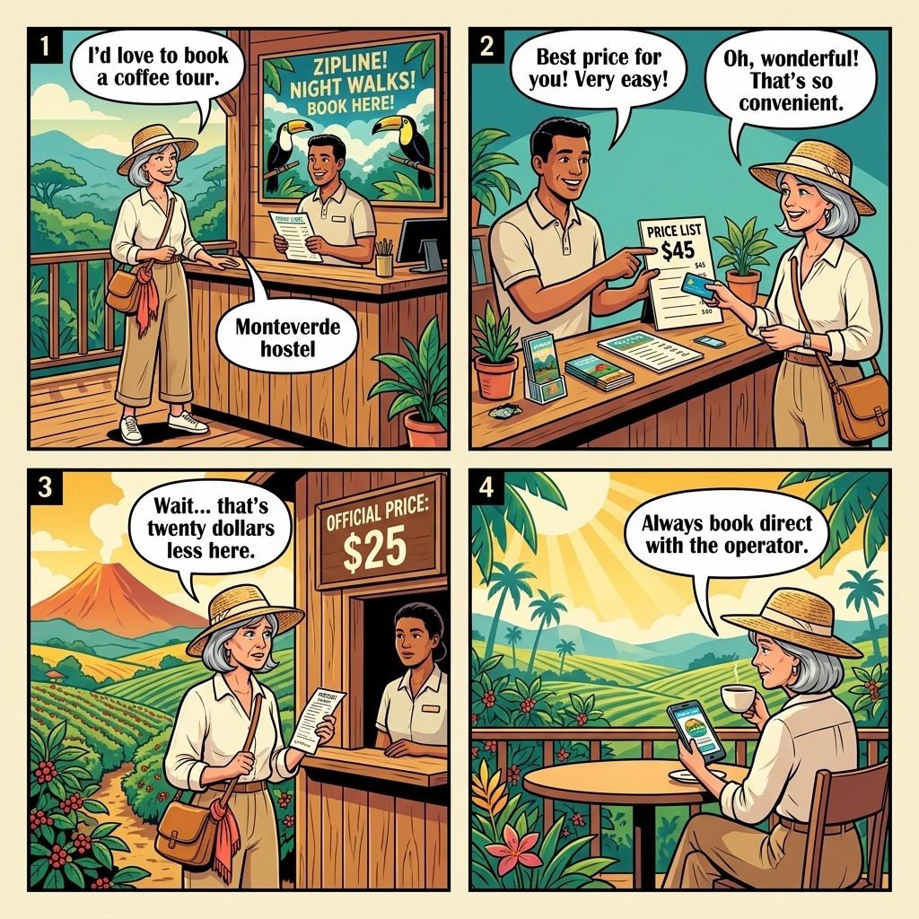 Monteverde 'Hostel Desk' Commission Overcharge on Tour Bookings (Night Walks, Zipline, Coffee Tours) — comic illustration