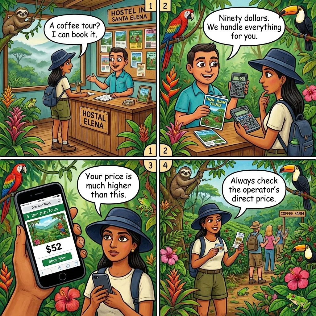 Monteverde 'Hostel Desk' Tour-Booking Commission Overcharge — comic illustration