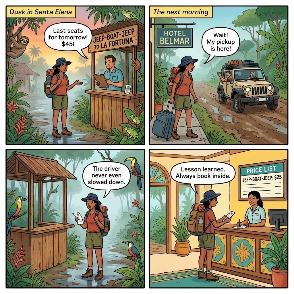 Monteverde Jeep-Boat-Jeep Wrong-Hotel Pickup — comic illustration
