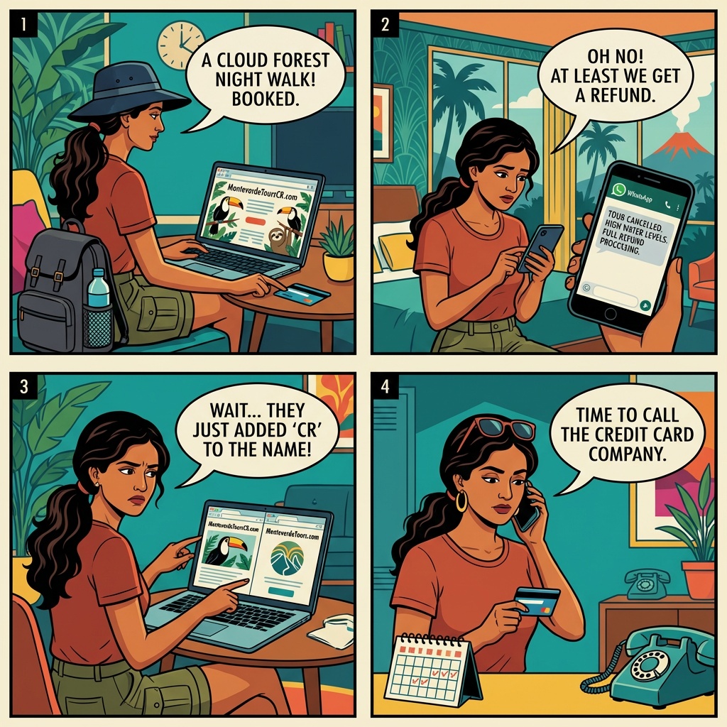 Monteverde Tours CR Copycat & 'Roy's Nature Guide' Advance-Fee Tour Fraud — comic illustration