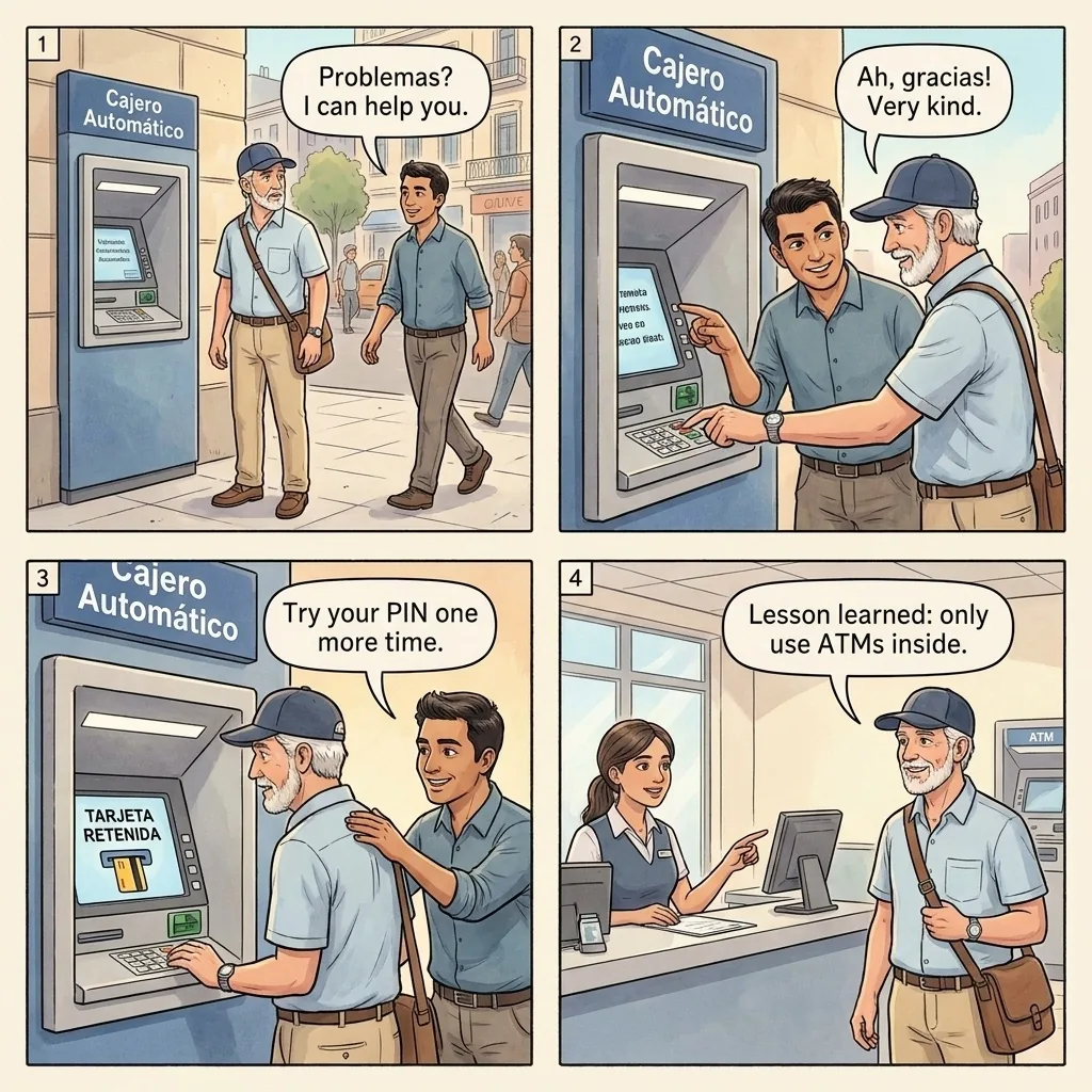 The ATM Shoulder Surfing and Card Trapping — comic illustration