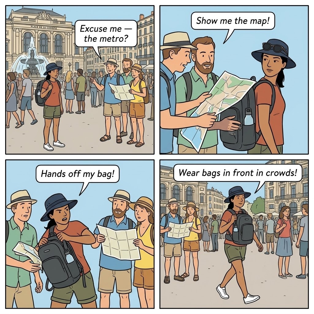 Tram Pickpocketing — comic illustration