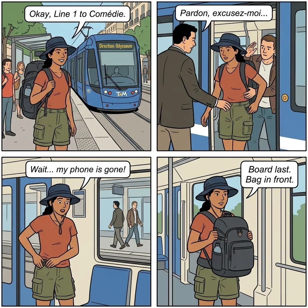 Tram Pickpocketing — comic illustration