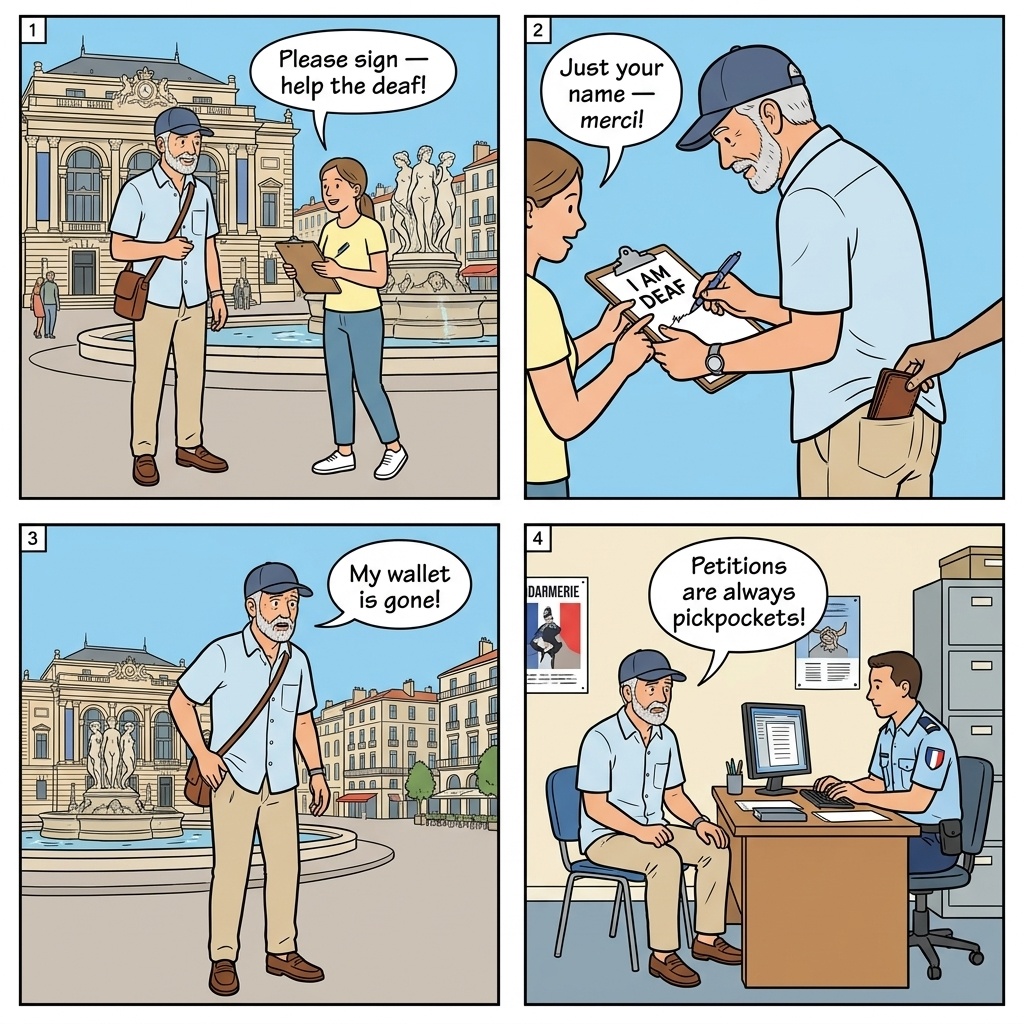 Fake Petition / Deaf Charity Scam — comic illustration