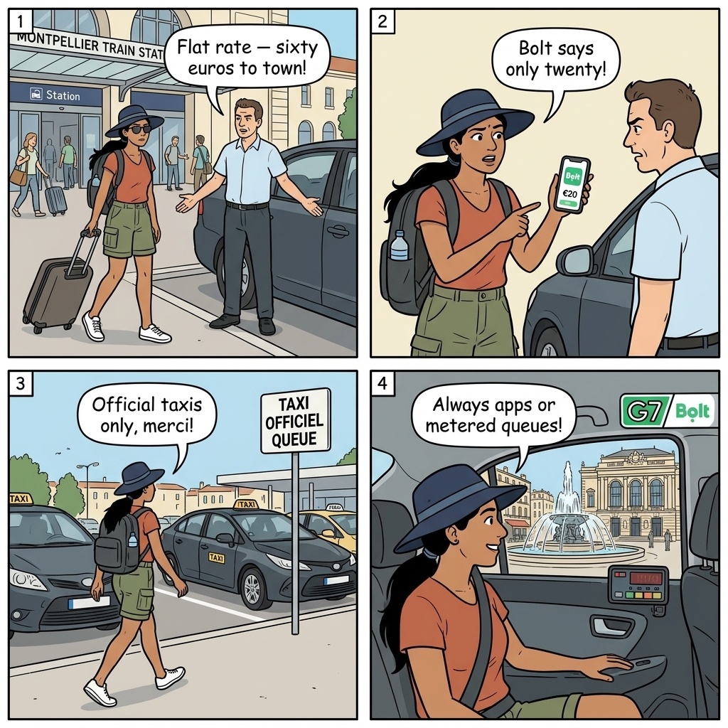 Taxi Overcharging / Broken Meter Scam — comic illustration