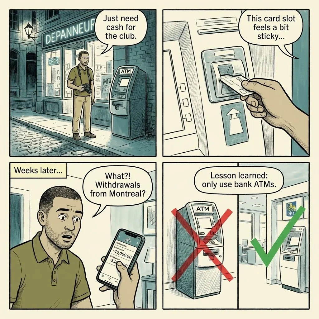 ATM Skimming and Card Fraud — comic illustration