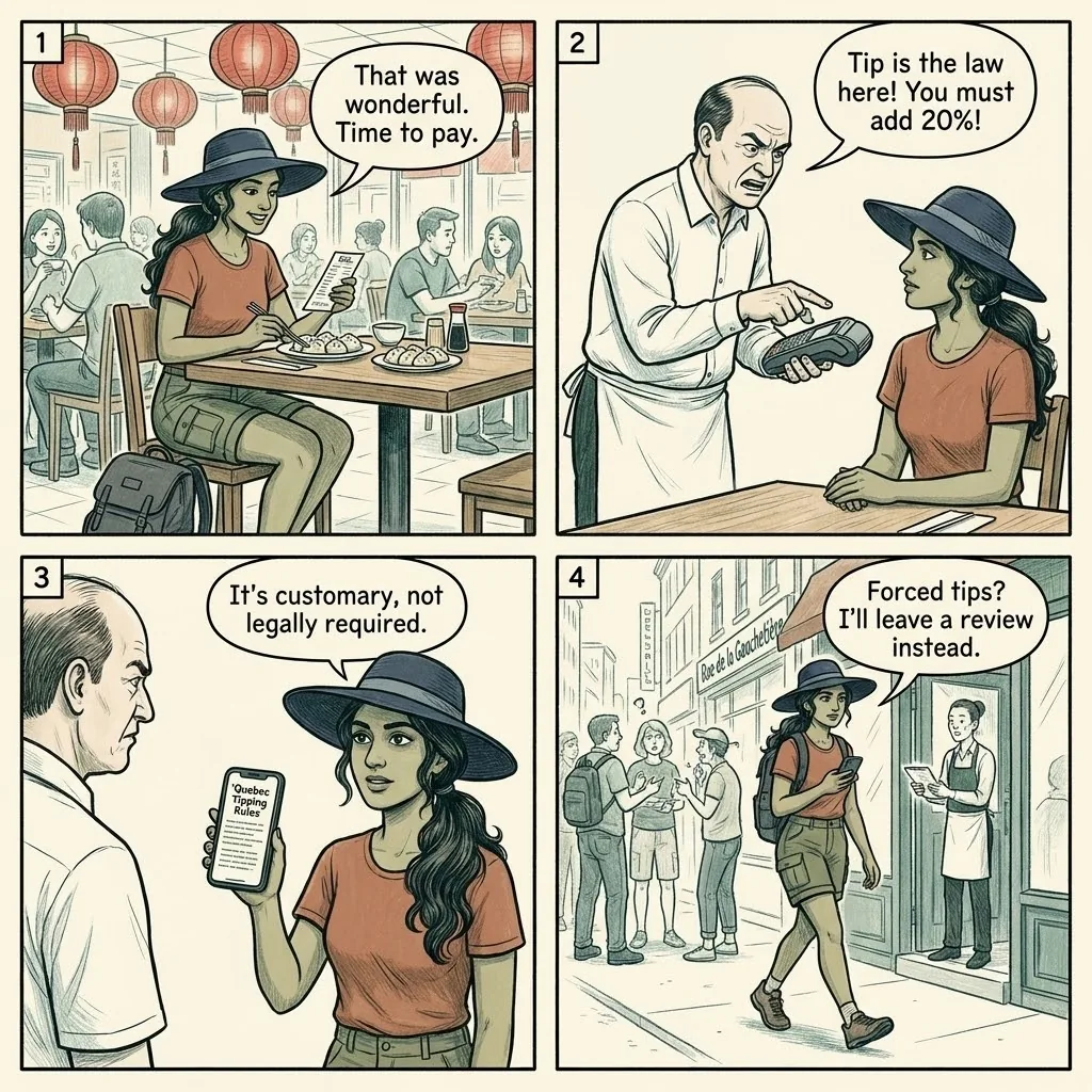 The Forced Tipping Restaurant Scam — comic illustration