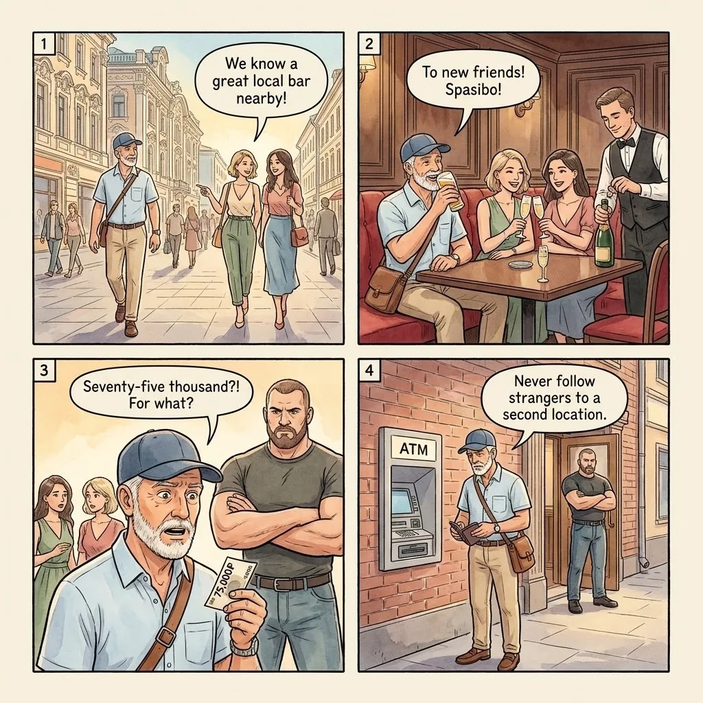 The Beautiful Stranger Bar Scam — comic illustration