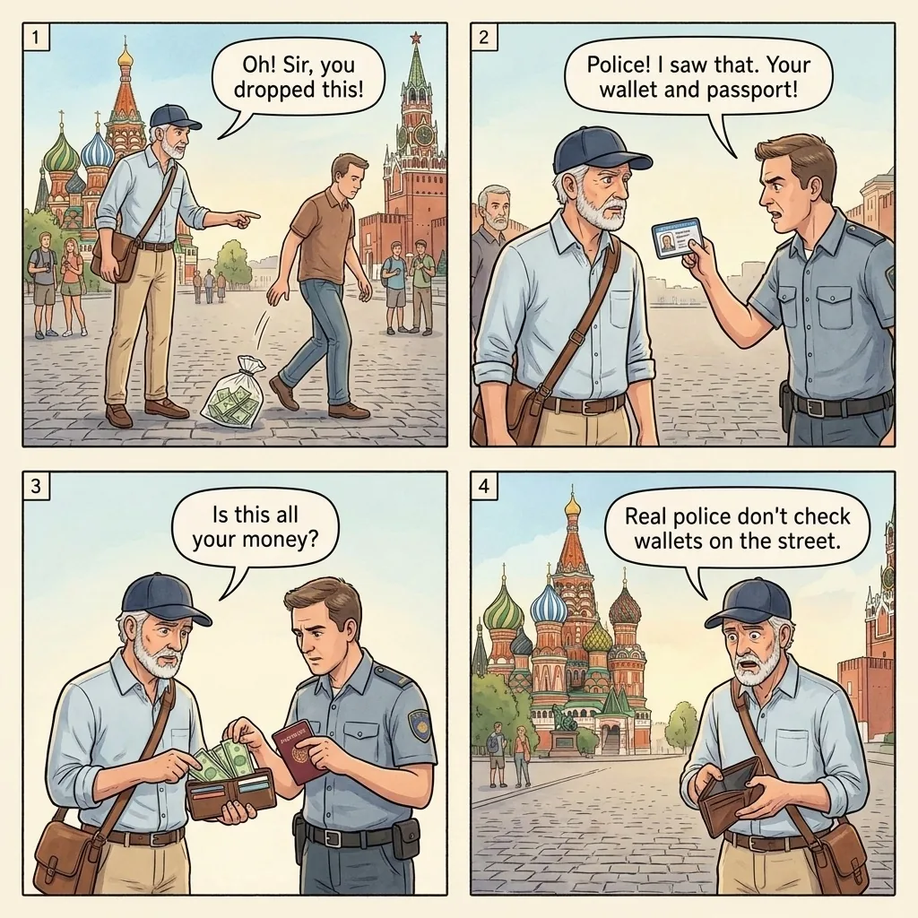 The Dropped Money Fake Police Scam — comic illustration