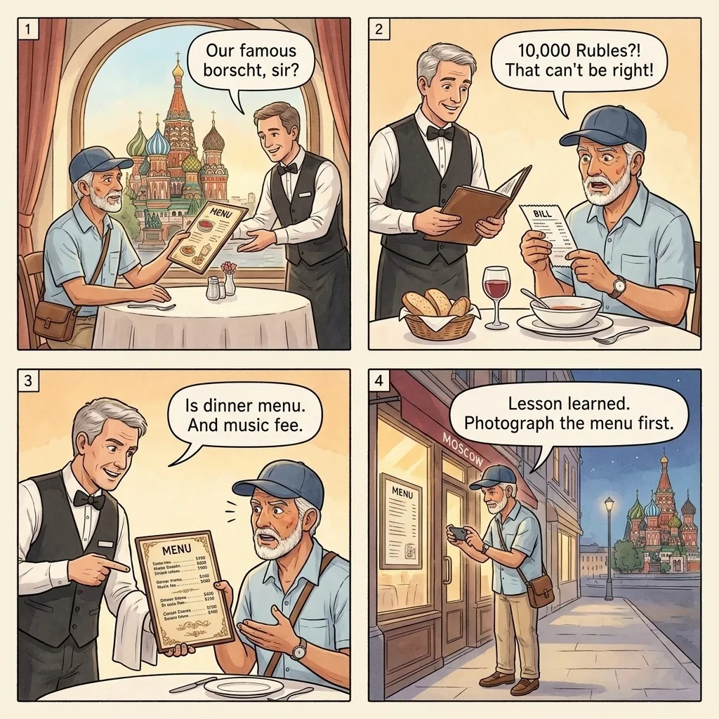 Restaurant Menu Swap and Hidden Charges — comic illustration