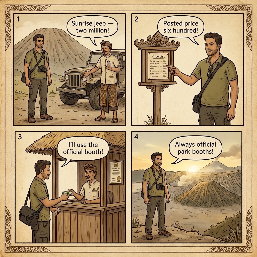Bromo Jeep Tour Overcharge & Cemoro Lawang Kickback Ring — comic illustration