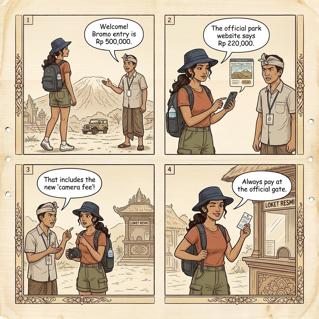 Bromo National Park Entry Fee Confusion & Fake-Ticket Fraud — comic illustration