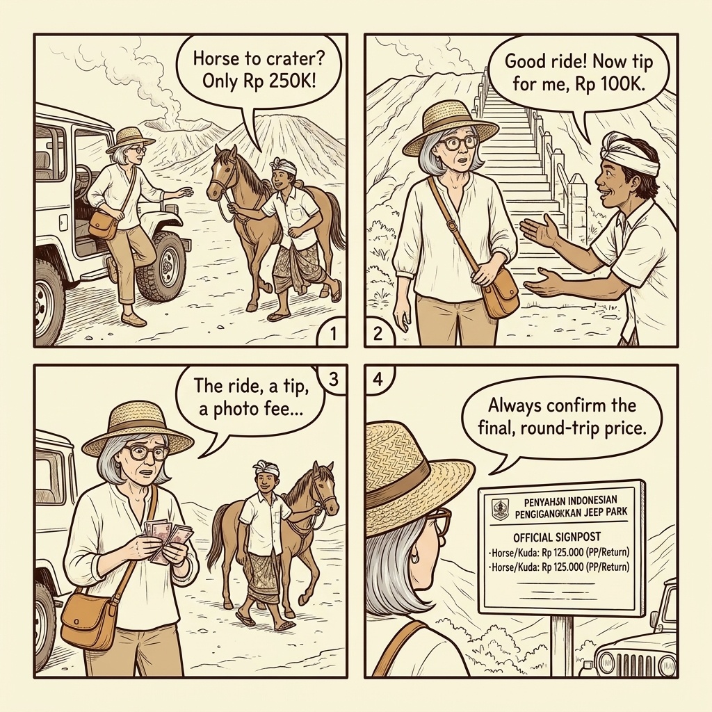 Bromo Horse Rental Forced-Tip & Crater-Approach Shakedown — comic illustration