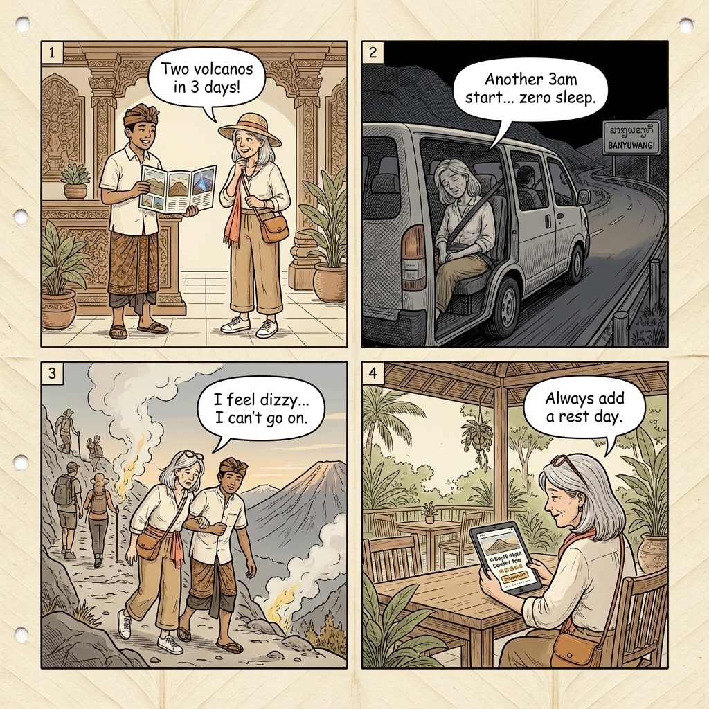 Bromo-Ijen Combo Tour Overpromise & Sleep-Deprivation Scam — comic illustration