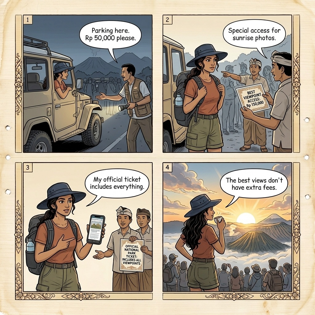 Bromo King Kong Hill Viewpoint Fee Padding & Parking Tout Ring — comic illustration