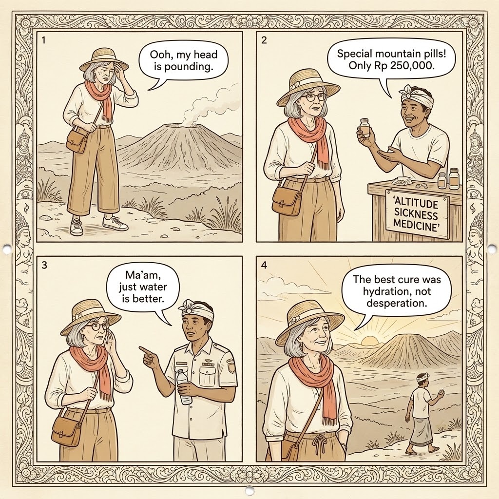 Bromo Altitude Sickness & Fake 'Medical' Upsell Scam — comic illustration