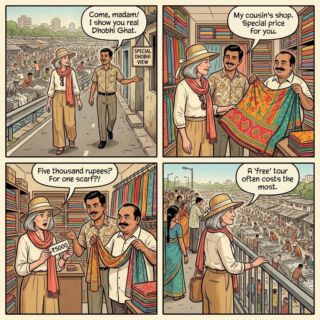 Dhobhi Ghat 'Free Guide' Commission Trap — comic illustration