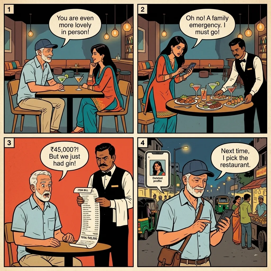 Dating App Café Bill Scam — comic illustration