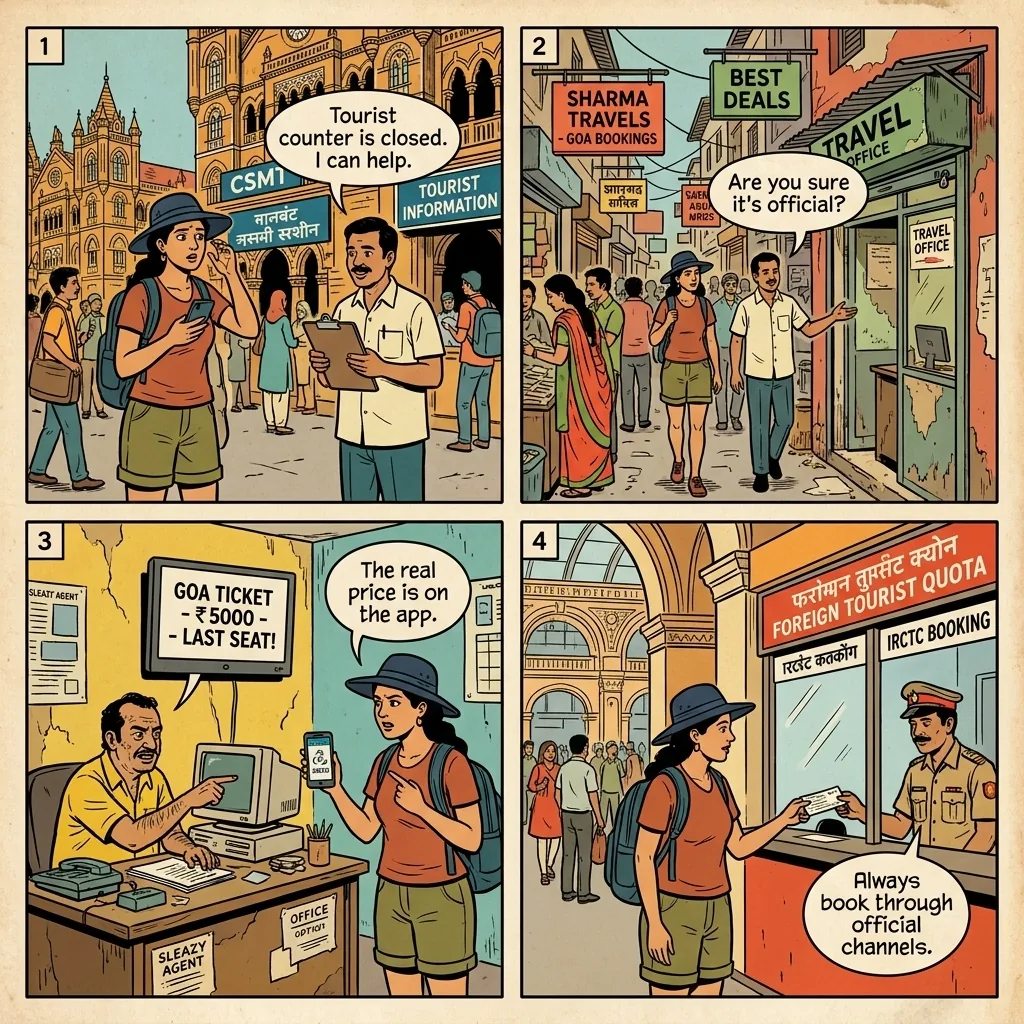Train Ticket 'Reservation Assistance' Scam — comic illustration
