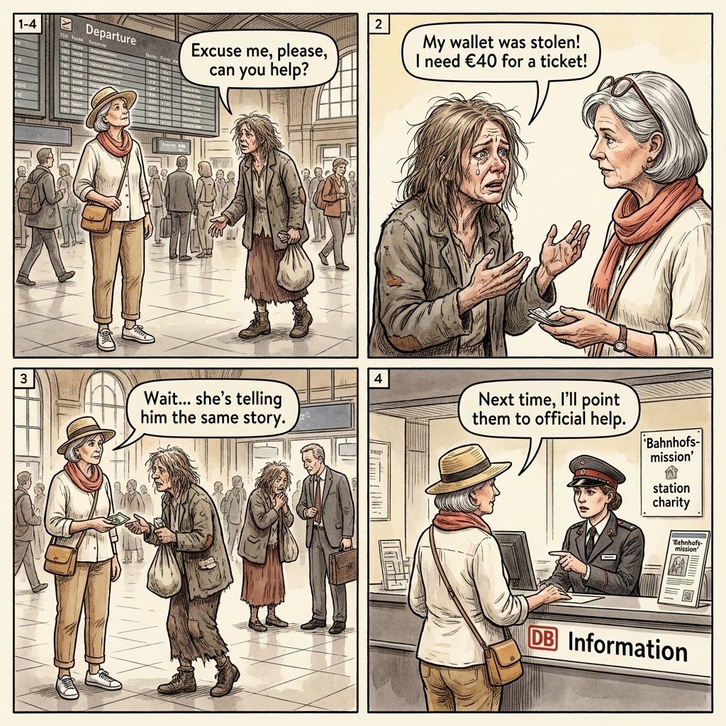 Hauptbahnhof 'Moldovan Woman' Cash Scam — comic illustration
