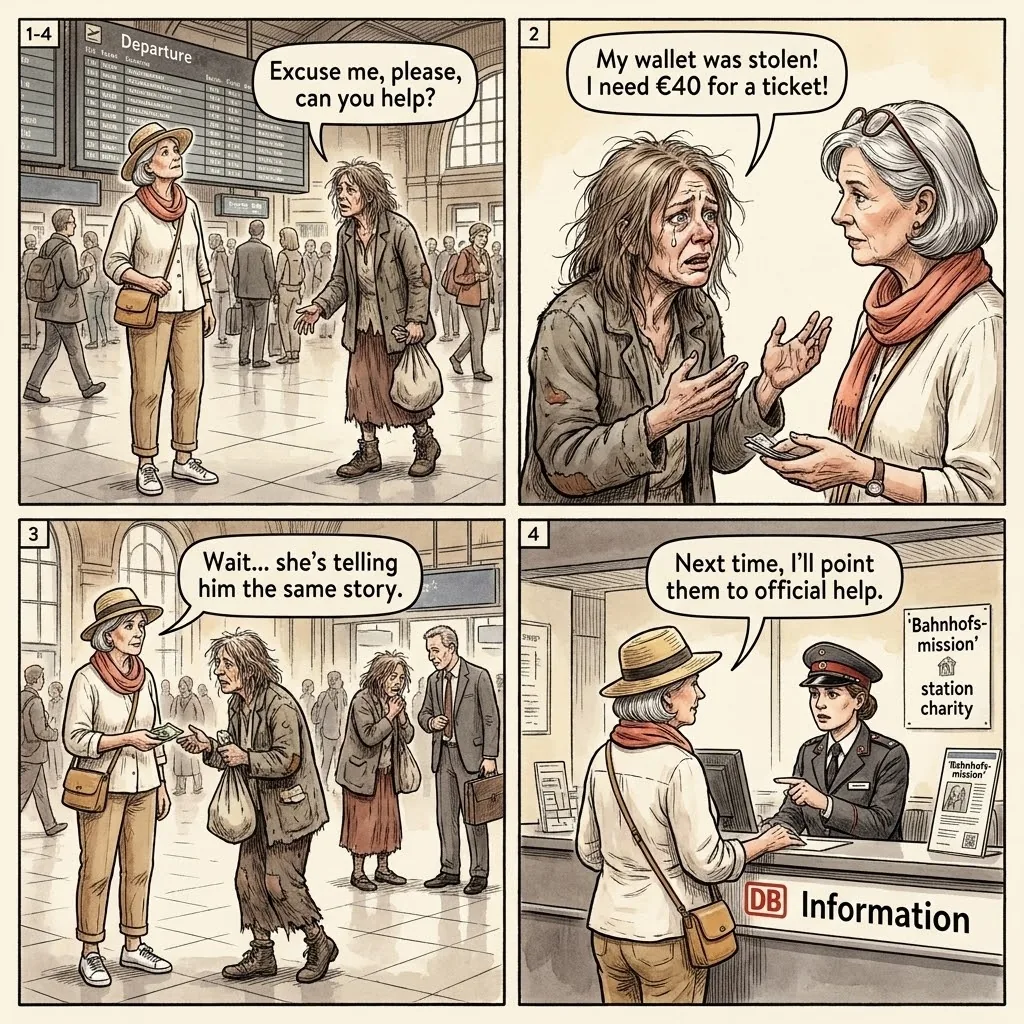 Munich Hauptbahnhof 'Moldovan Woman' Sob-Story & Cash Extraction — comic illustration