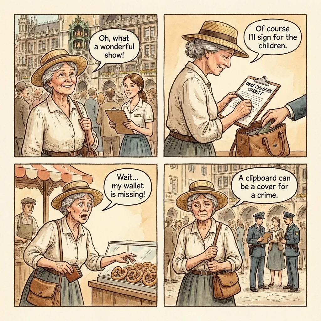 Marienplatz & Altstadt Pickpocket / Petition Distraction — comic illustration