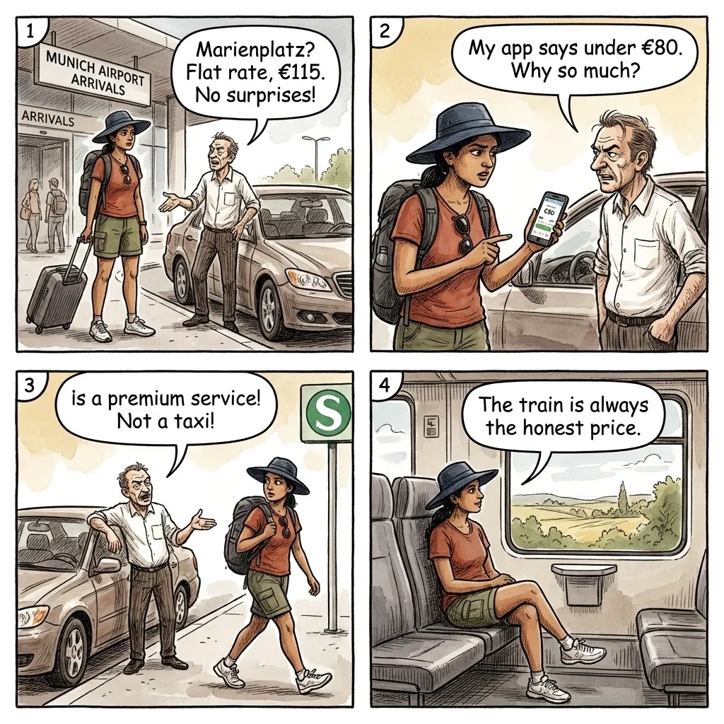 MUC Airport Taxi Overcharge & 'Flat €115' Airport Hustle — comic illustration