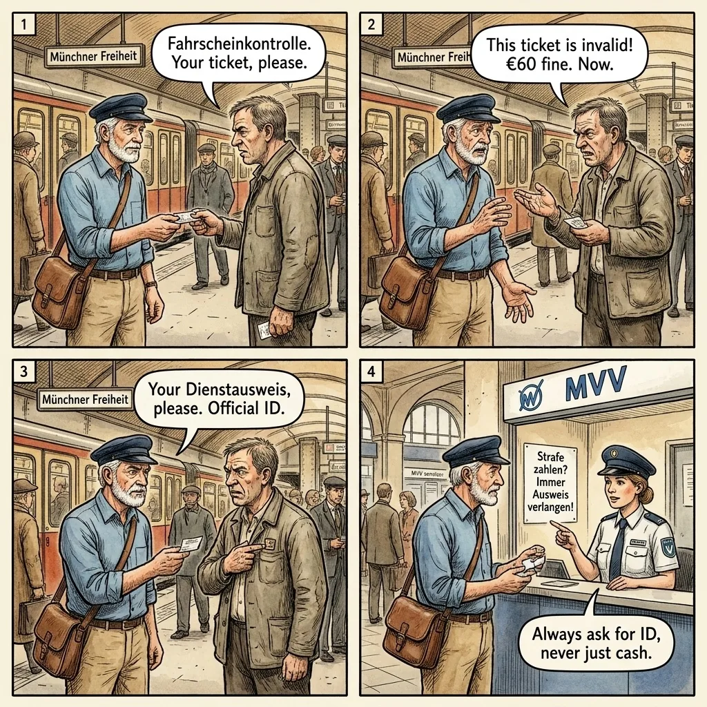 Fake U-Bahn / S-Bahn Ticket Inspector Cash Fine — comic illustration