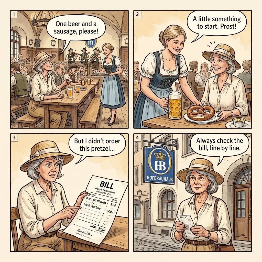 Hofbräuhaus, Beer Garden & Altstadt Restaurant Bill-Padding — comic illustration