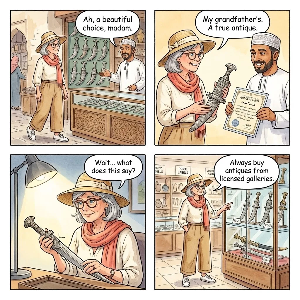 The Muttrah Souq Antique-Authenticity Switch — comic illustration
