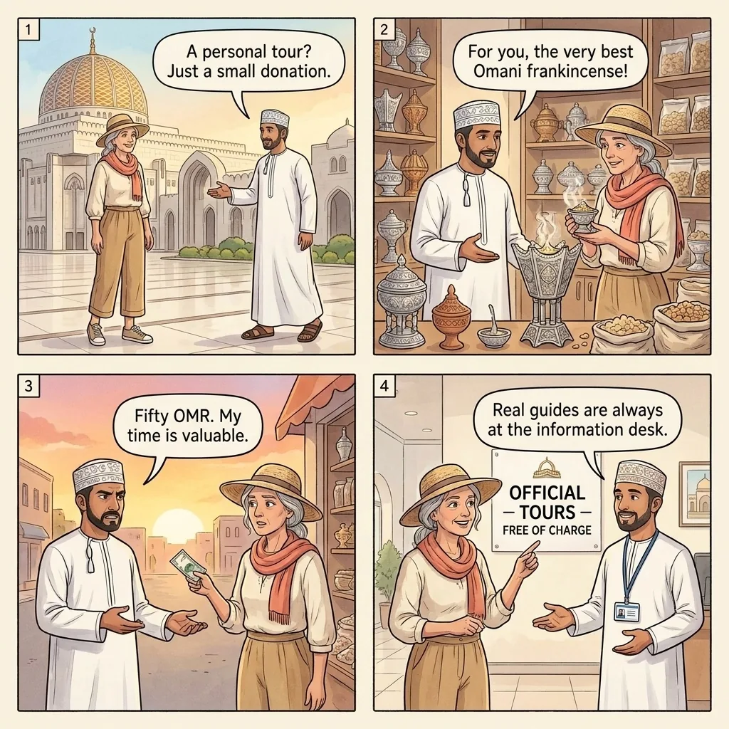 The Sultan Qaboos Mosque Fake-Guide Tip Pressure — comic illustration