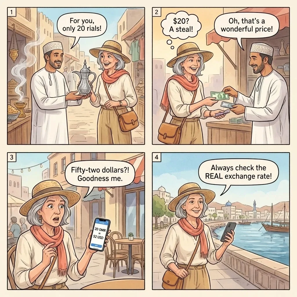 The Muscat OMR-Bani Currency Switch — comic illustration