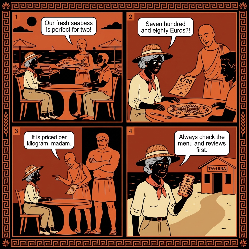 Mykonos beach jet-ski rental damage extortion comic, tourist returning watercraft while operator points to barely-visible scratch and demands hundreds of euros while holding tourist passport