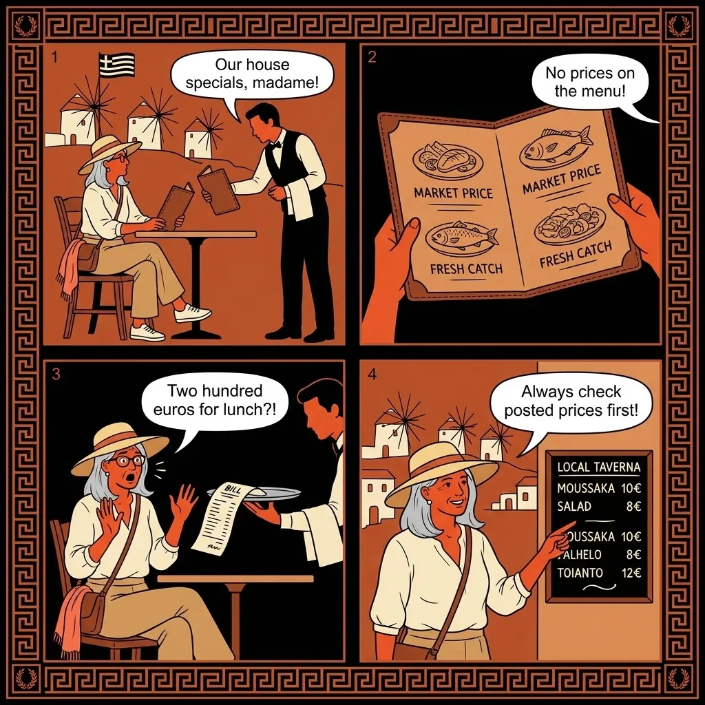 Little Venice & Chora Restaurant No-Menu Overcharge — comic illustration