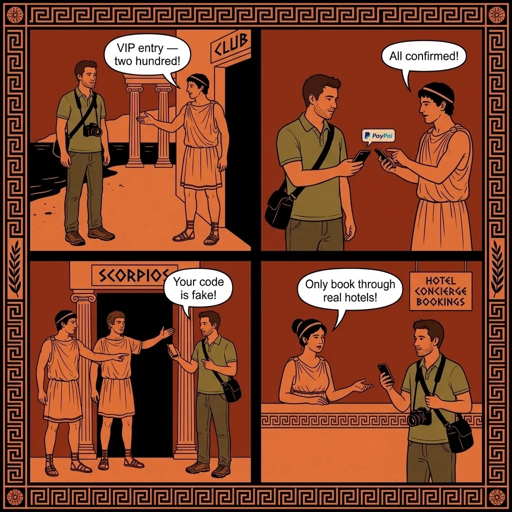 'Scorpios Reservation' & VIP Entry Contact Scam — comic illustration