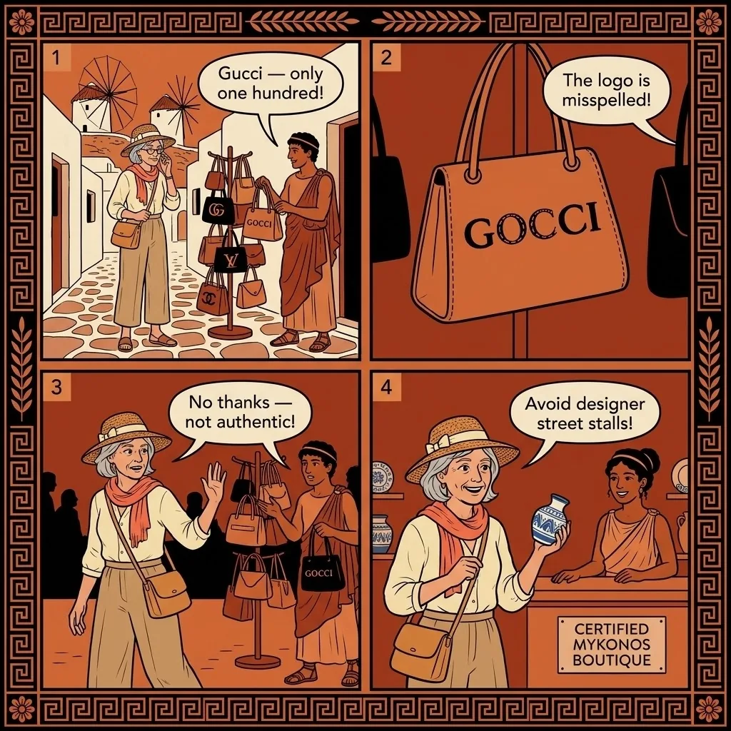 Fake Designer & Counterfeit Souvenir Shops — comic illustration