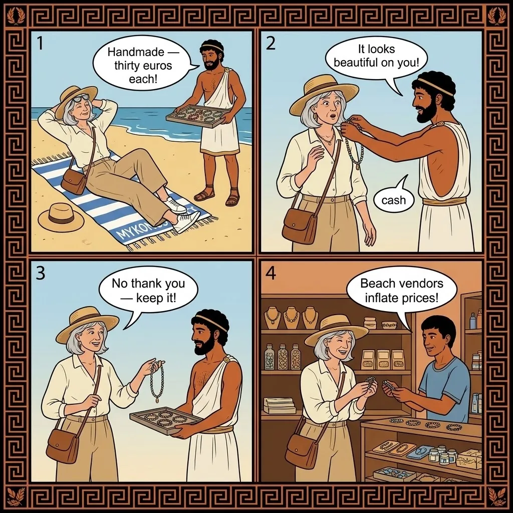 Beach Vendor 'Handmade' Jewelry & Trinket Pressure — comic illustration