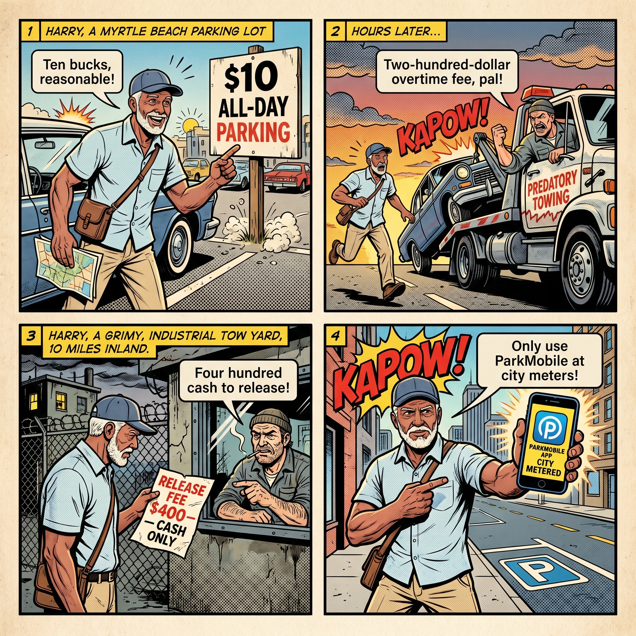 Myrtle Beach '$200 Parking Scam' Private-Lot Enforcement — comic illustration
