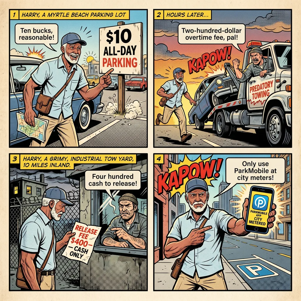 Myrtle Beach '$200 Parking Scam' Private-Lot Enforcement — comic illustration