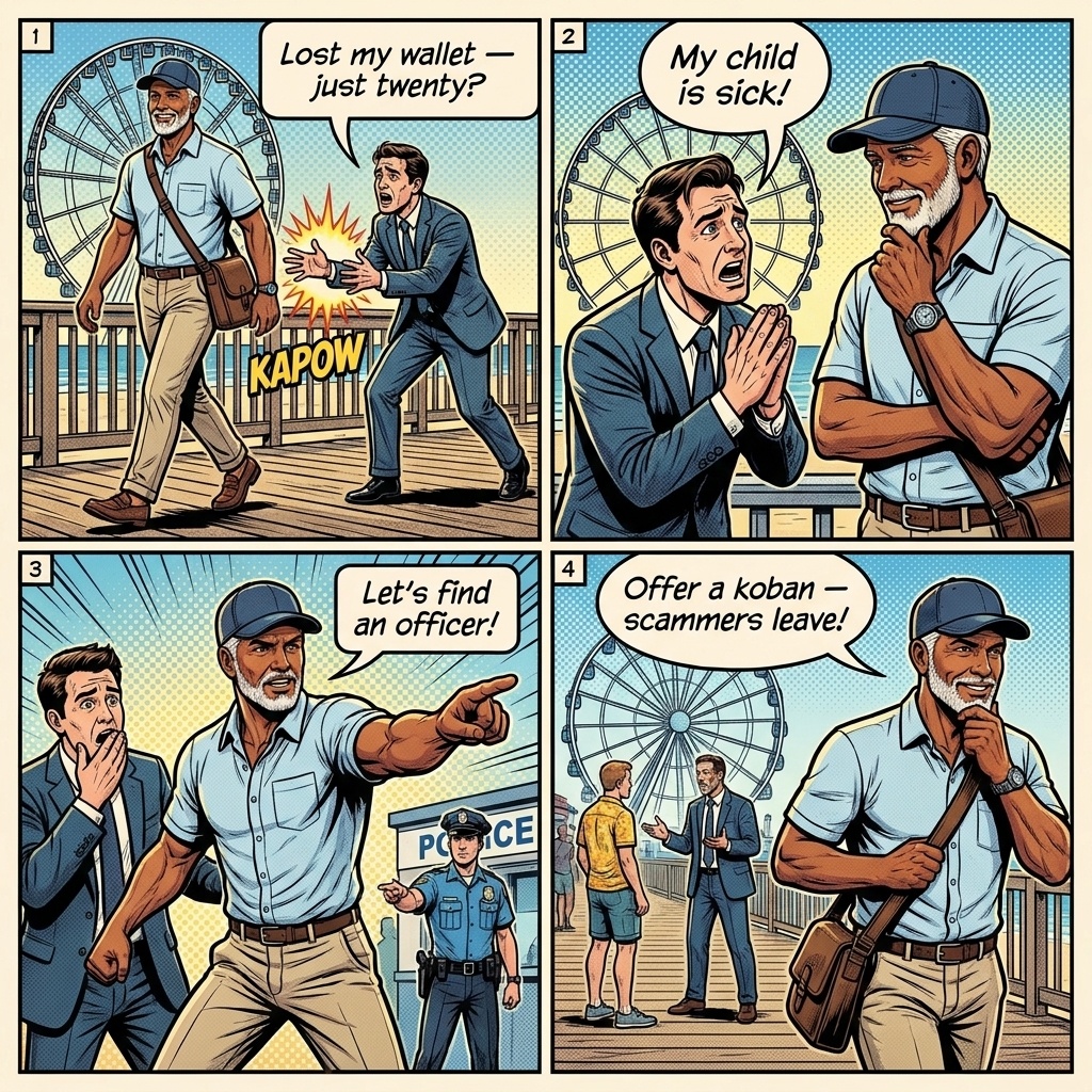 Myrtle Beach Boardwalk Pizza-Flyer & Kid-Pressure Panhandling Scam — comic illustration