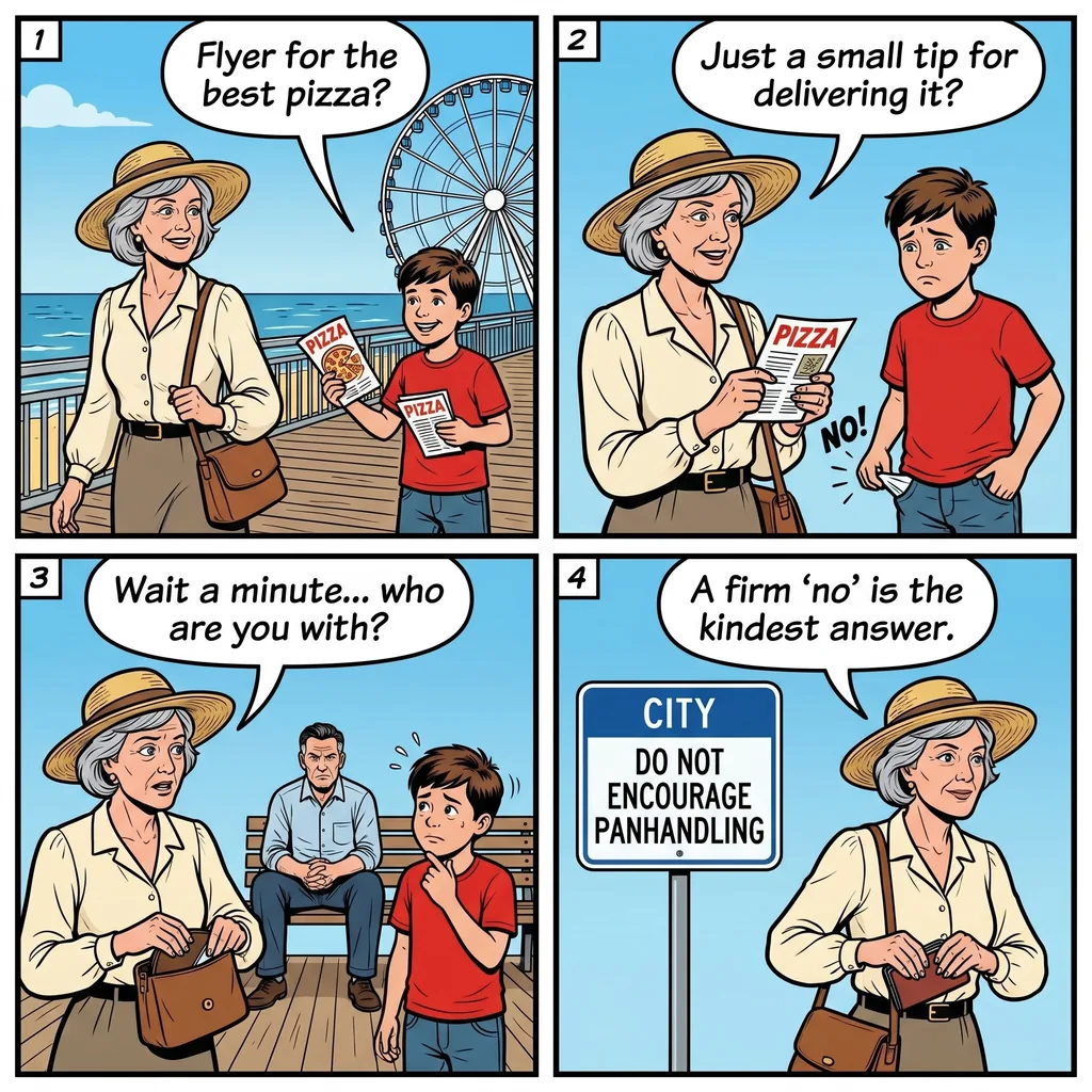 Myrtle Beach Boardwalk Pizza-Flyer & Kid-Pressure Panhandling Scam — comic illustration