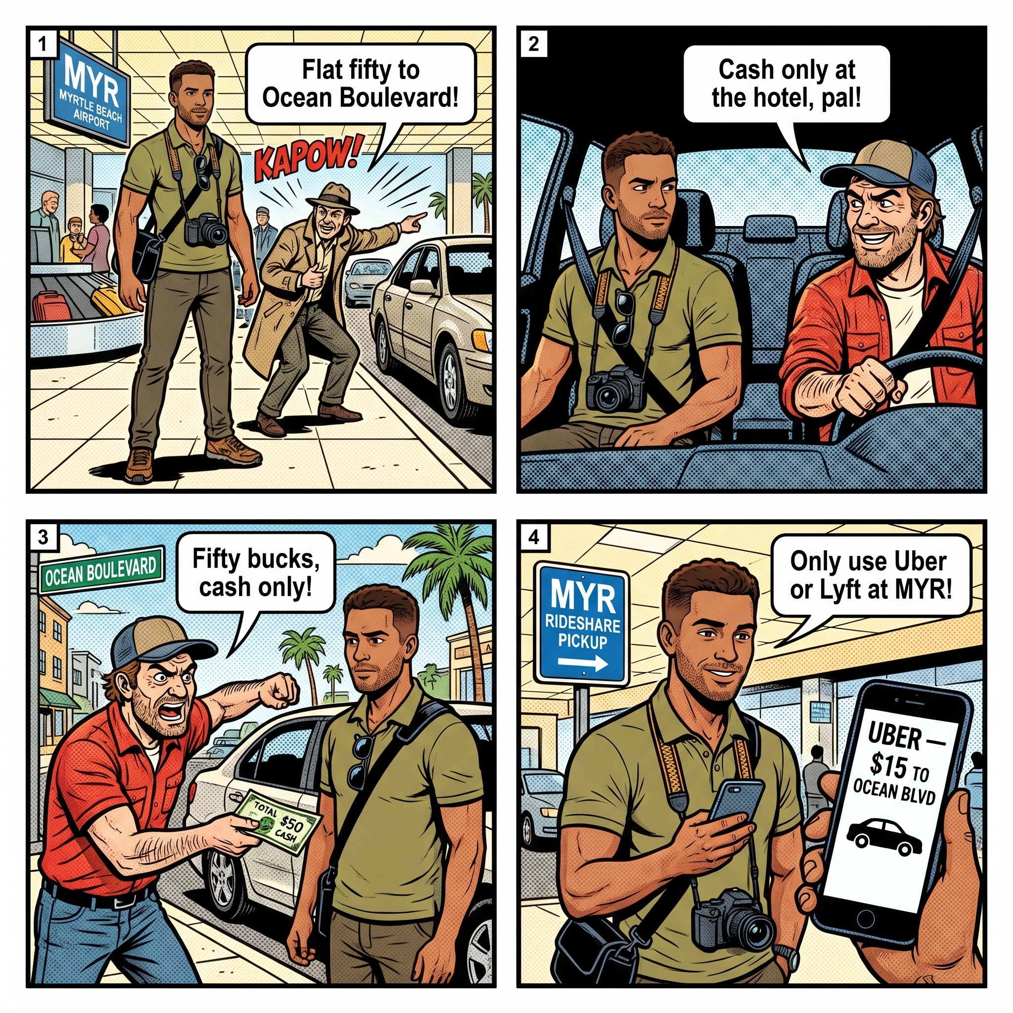 MYR Airport Rideshare Availability & Taxi Overcharge — comic illustration