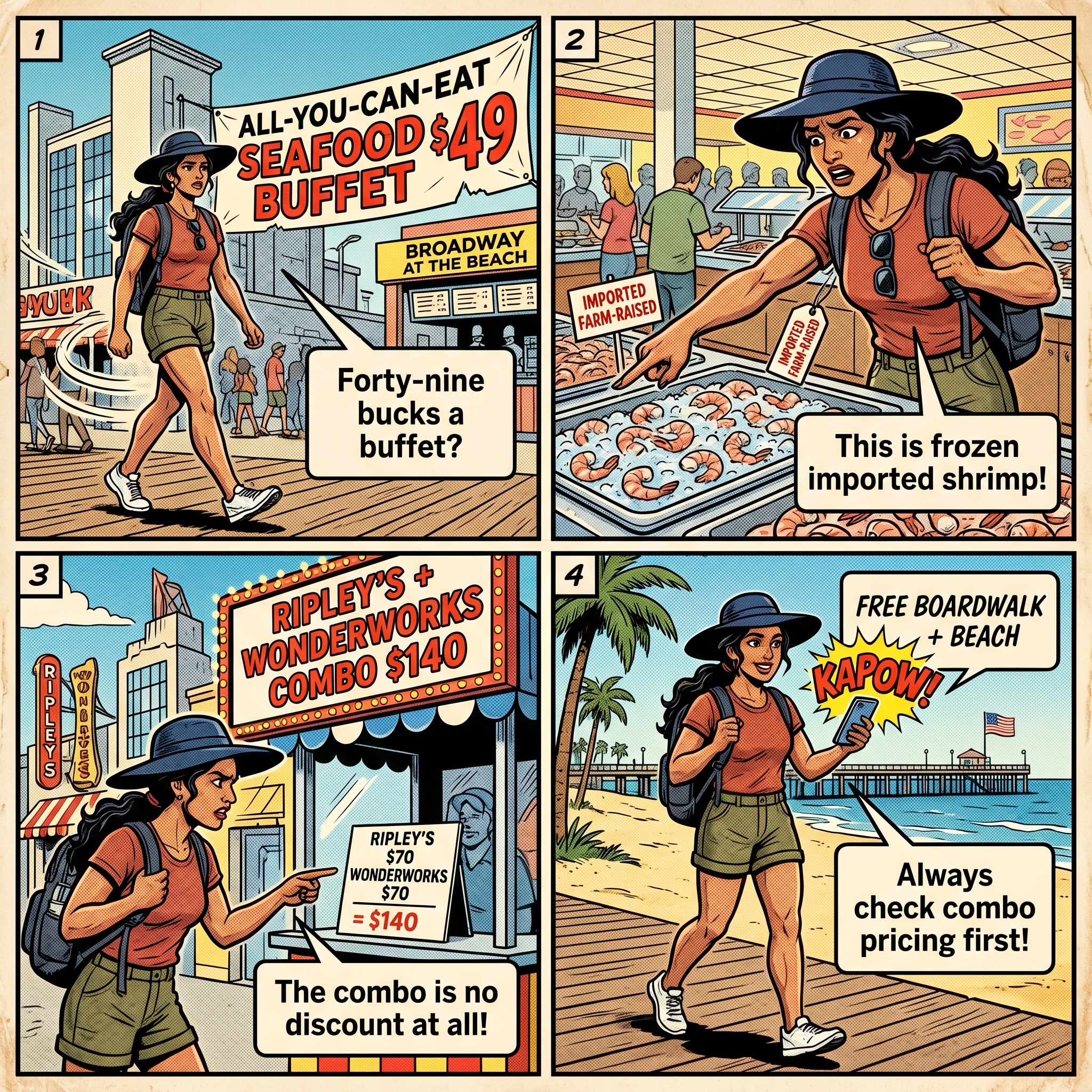 Myrtle Beach 'Where to Avoid' — Broadway at the Beach & Tourist-Trap V — comic illustration