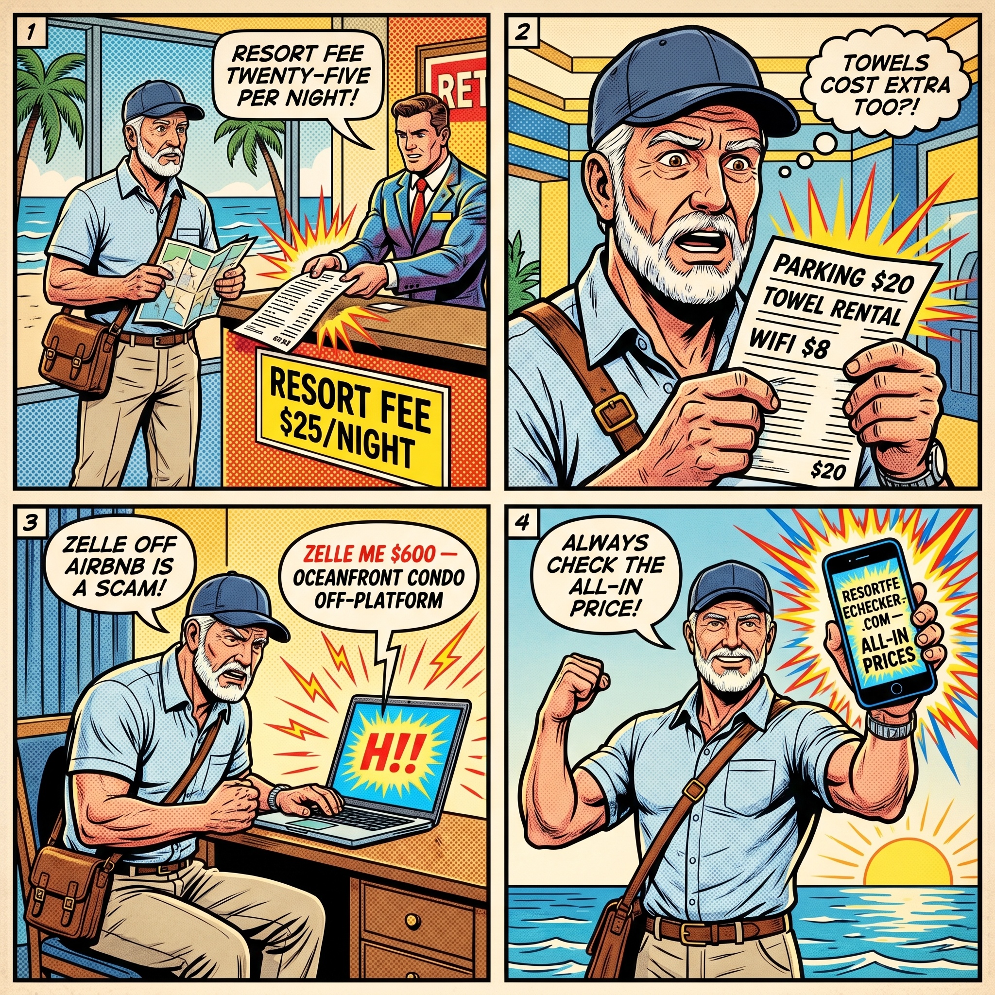 Myrtle Beach Hotel Resort Fee & STR Off-Platform Booking Fraud — comic illustration