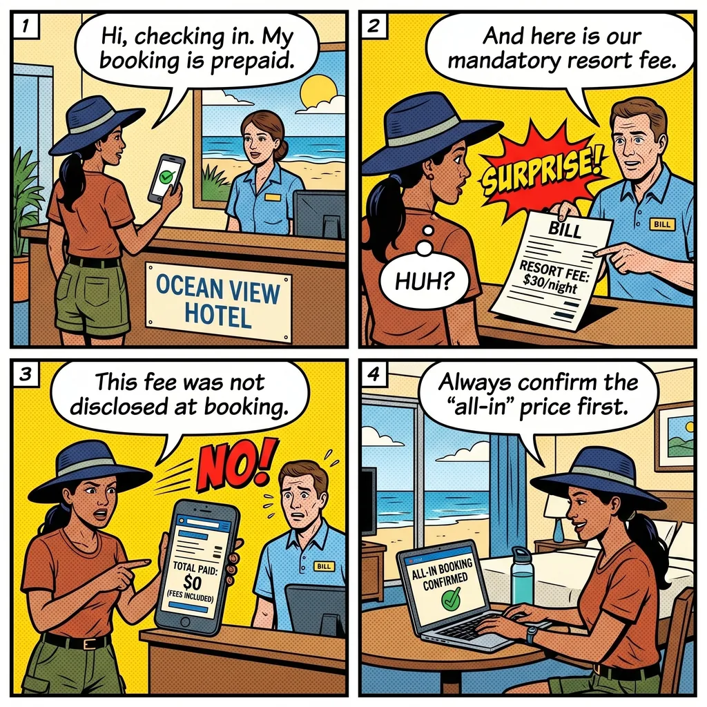 Myrtle Beach Hotel Resort Fee & STR Off-Platform Booking Fraud — comic illustration