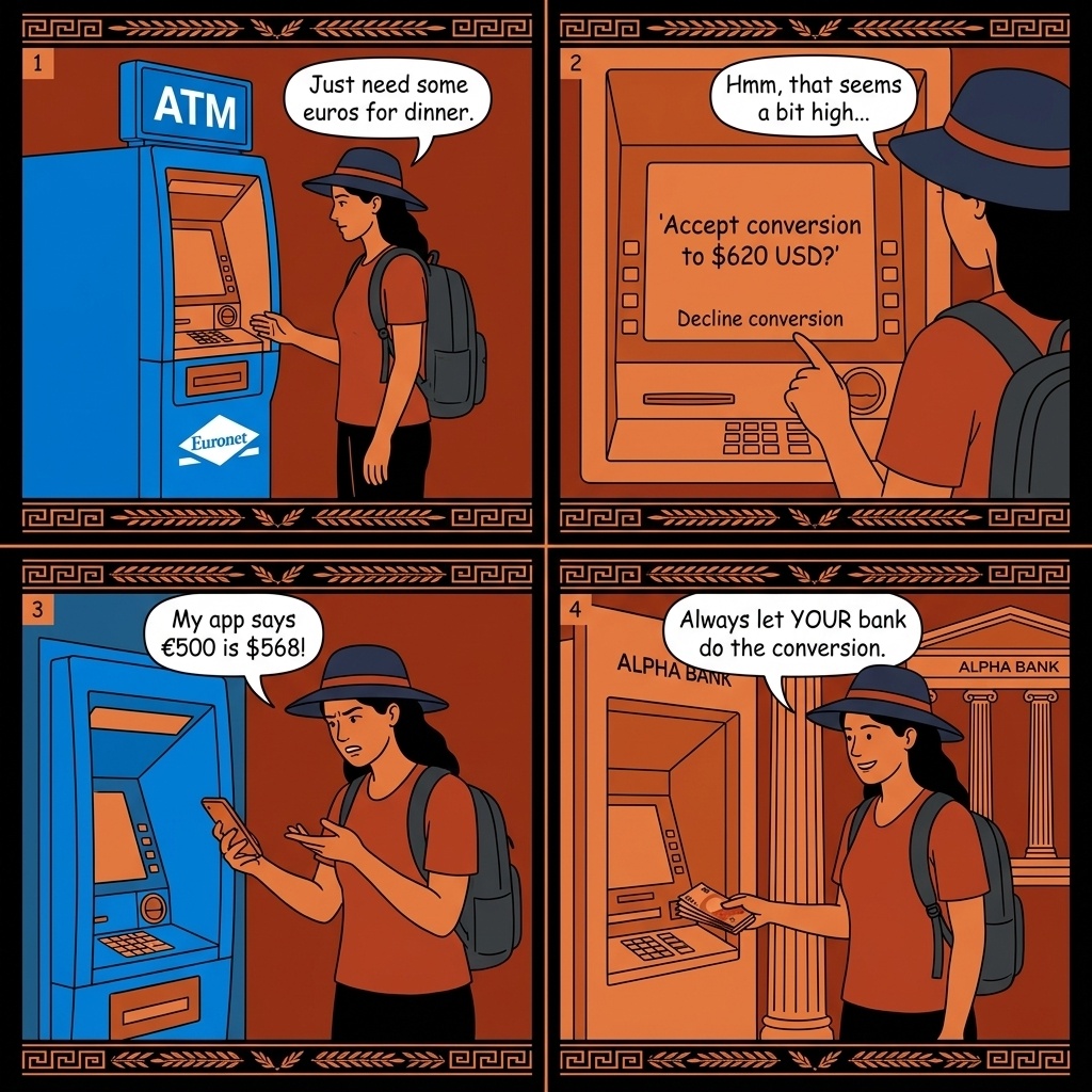 Nafplio Euronet ATM Dynamic Currency Conversion Trap — comic illustration