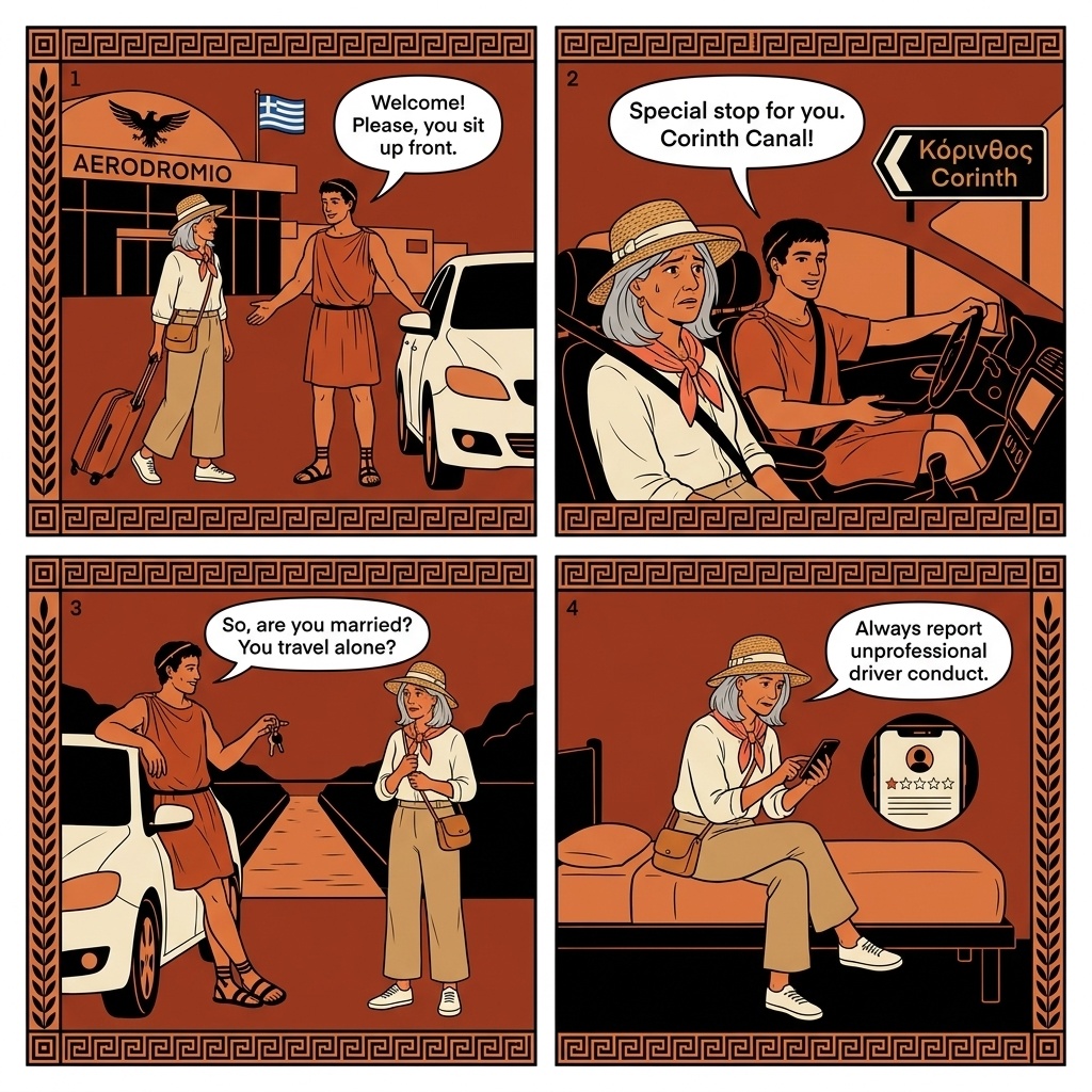 Athens Private-Driver Transfer Personal-Conduct Scam — comic illustration